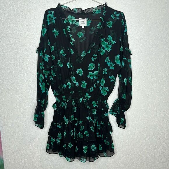 New MISA LOS ANGELES LOLITA Mini DRESS Small Emerald Green Black Floral Revolve - Picture 2 of 16